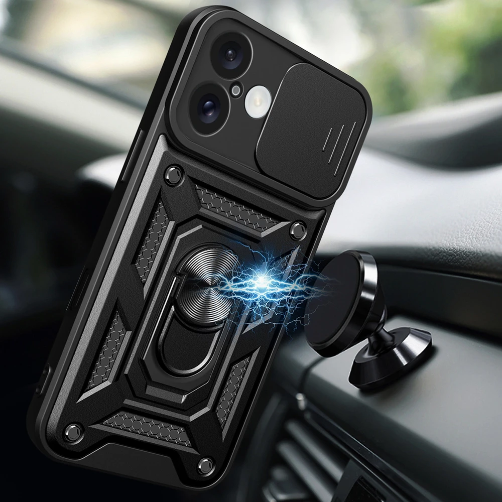 Hurtel Hybrid Armor Camshield Apple iPhone 16 Armored Camera Cover and Stand – dėklas telefonui juodos spalvos