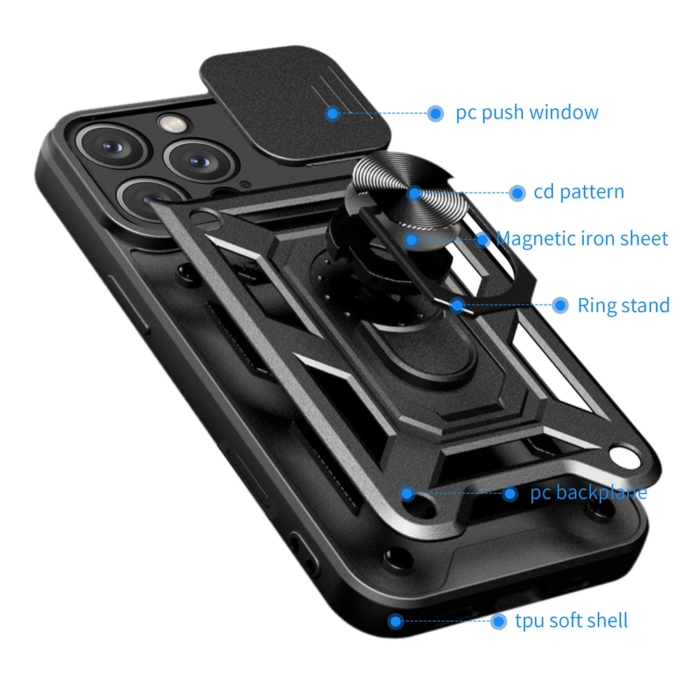 Hurtel Hybrid Armor Camshield Apple iPhone 16 Pro Max Armored Camera Cover and Stand – dėklas telefonui juodos spalvos