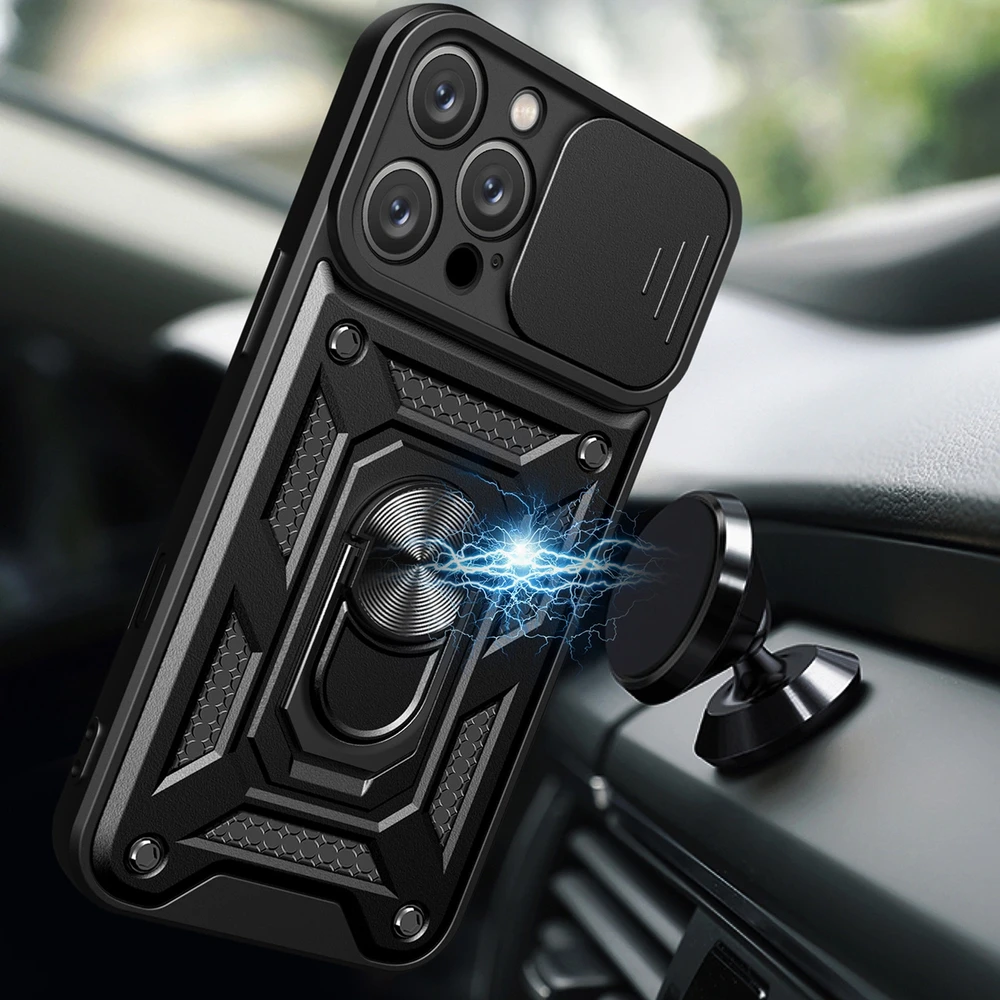 Hurtel Hybrid Armor Camshield Apple iPhone 16 Pro Max Armored Camera Cover and Stand – dėklas telefonui juodos spalvos