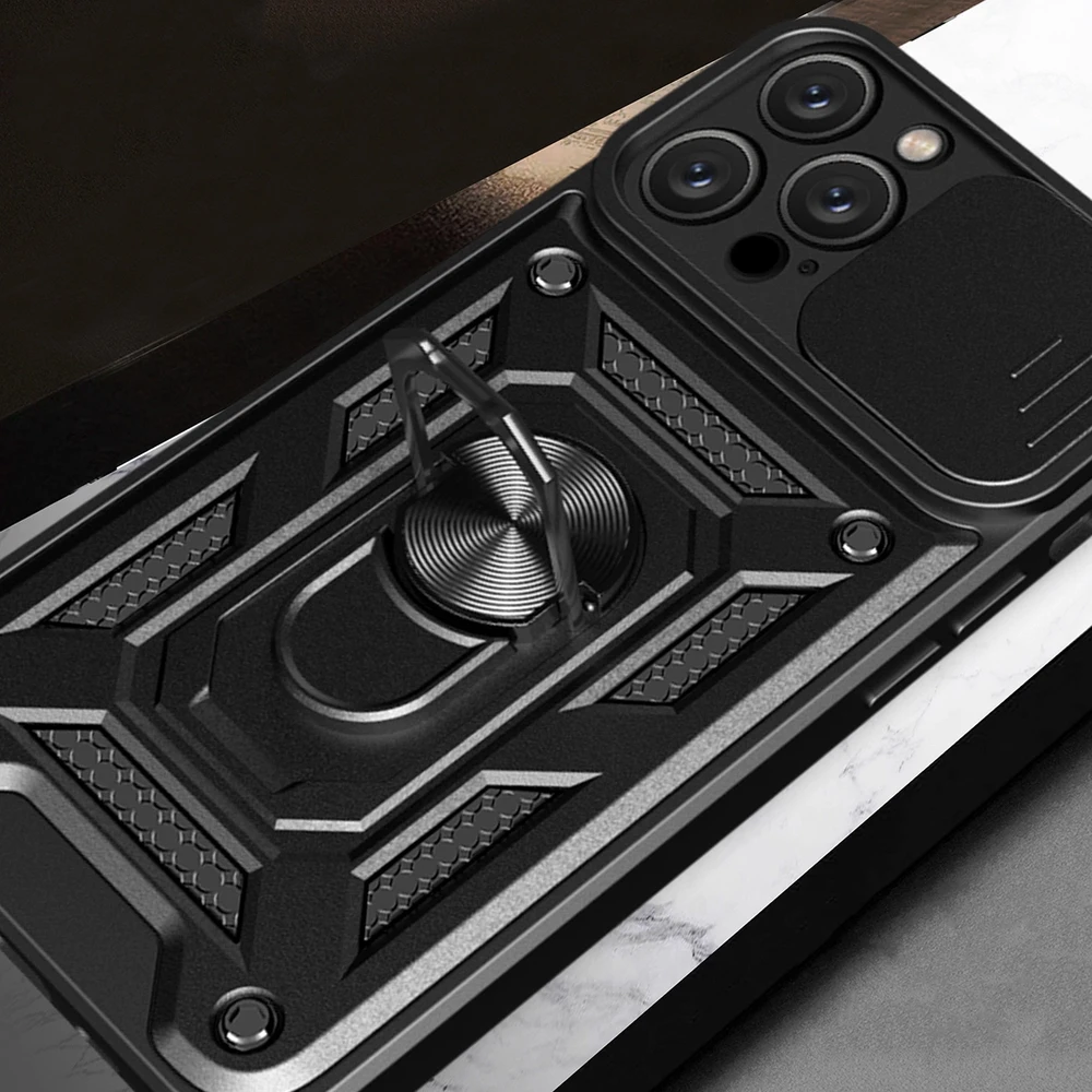 Hurtel Hybrid Armor Camshield Apple iPhone 16 Pro Max Armored Camera Cover and Stand – dėklas telefonui juodos spalvos