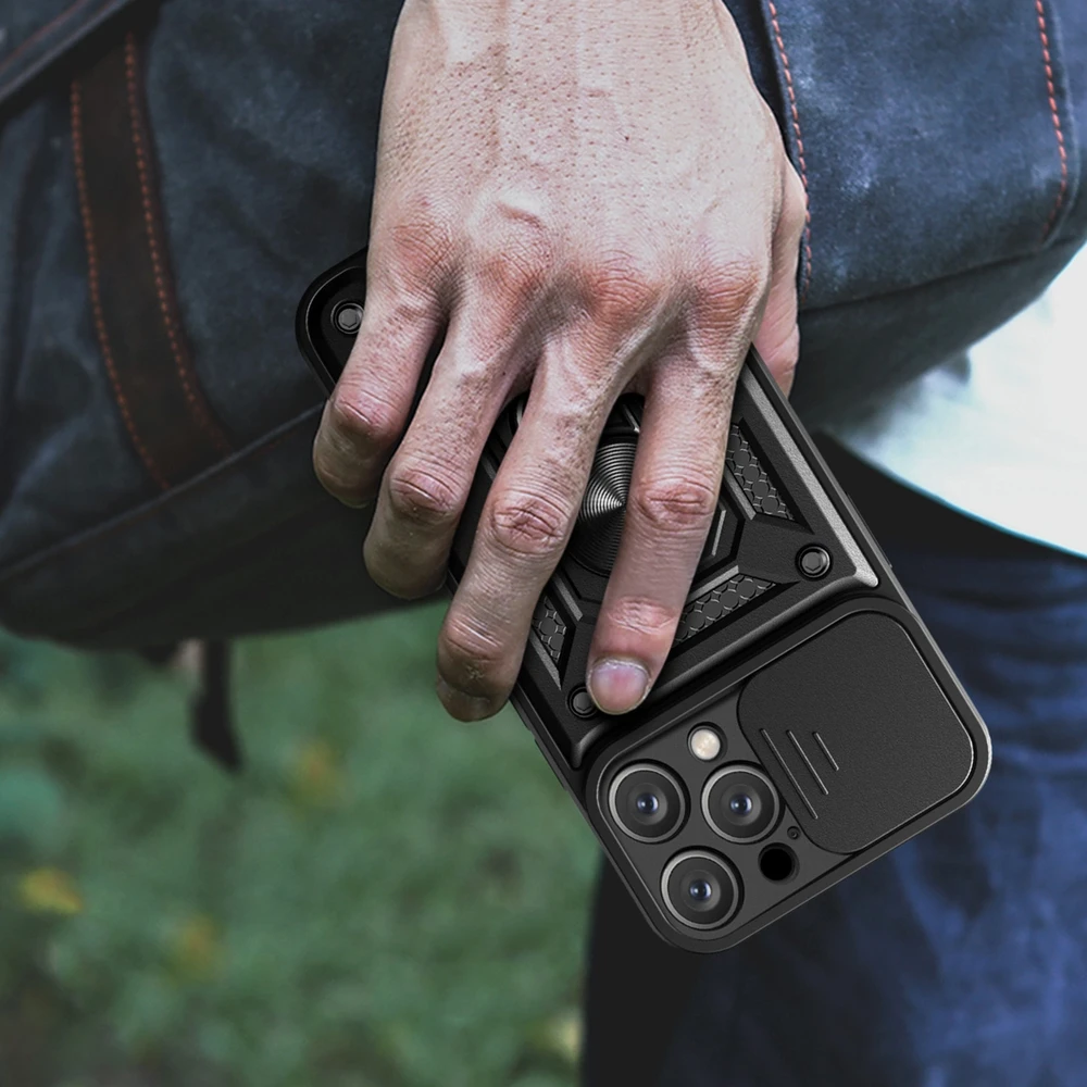 Hurtel Hybrid Armor Camshield Apple iPhone 16 Pro Max Armored Camera Cover and Stand – dėklas telefonui juodos spalvos