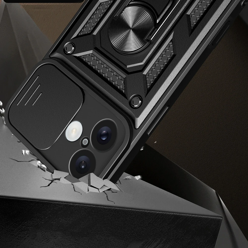 Hurtel Hybrid Armor Camshield Apple iPhone 16 Armored Camera Cover and Stand – dėklas telefonui juodos spalvos