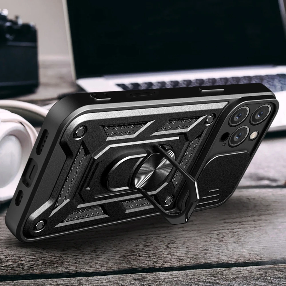 Hurtel Hybrid Armor Camshield Apple iPhone 16 Pro Max Armored Camera Cover and Stand – dėklas telefonui juodos spalvos