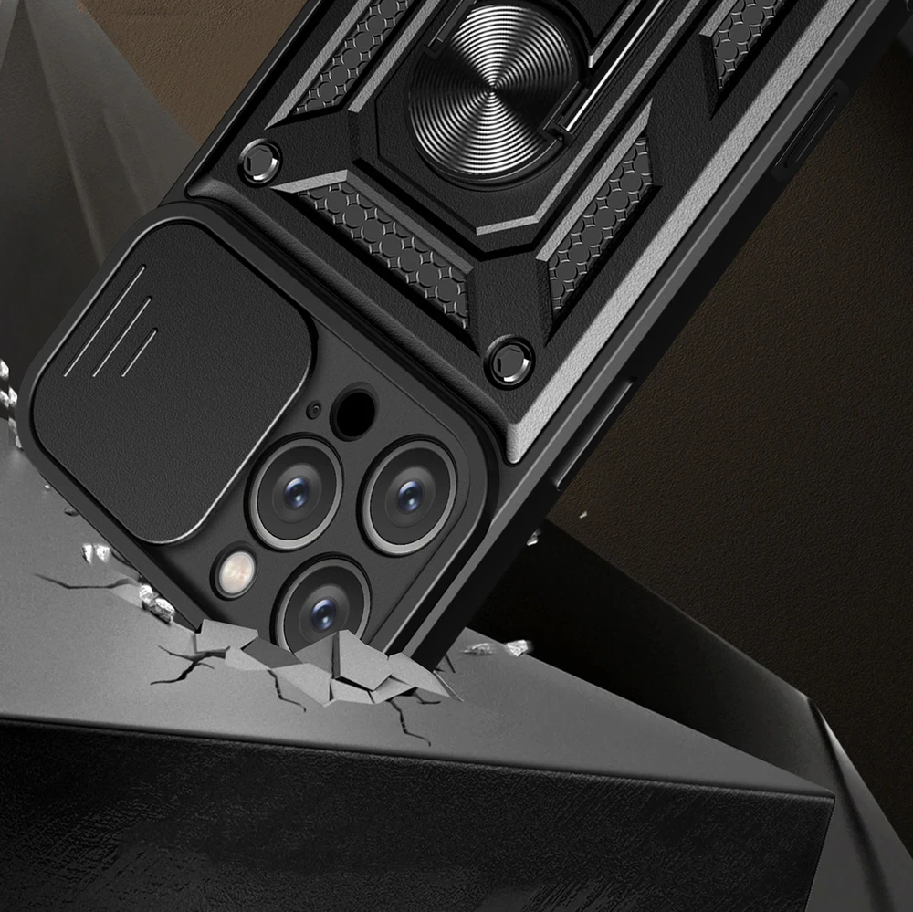 Hurtel Hybrid Armor Camshield Apple iPhone 16 Pro Max Armored Camera Cover and Stand – dėklas telefonui juodos spalvos