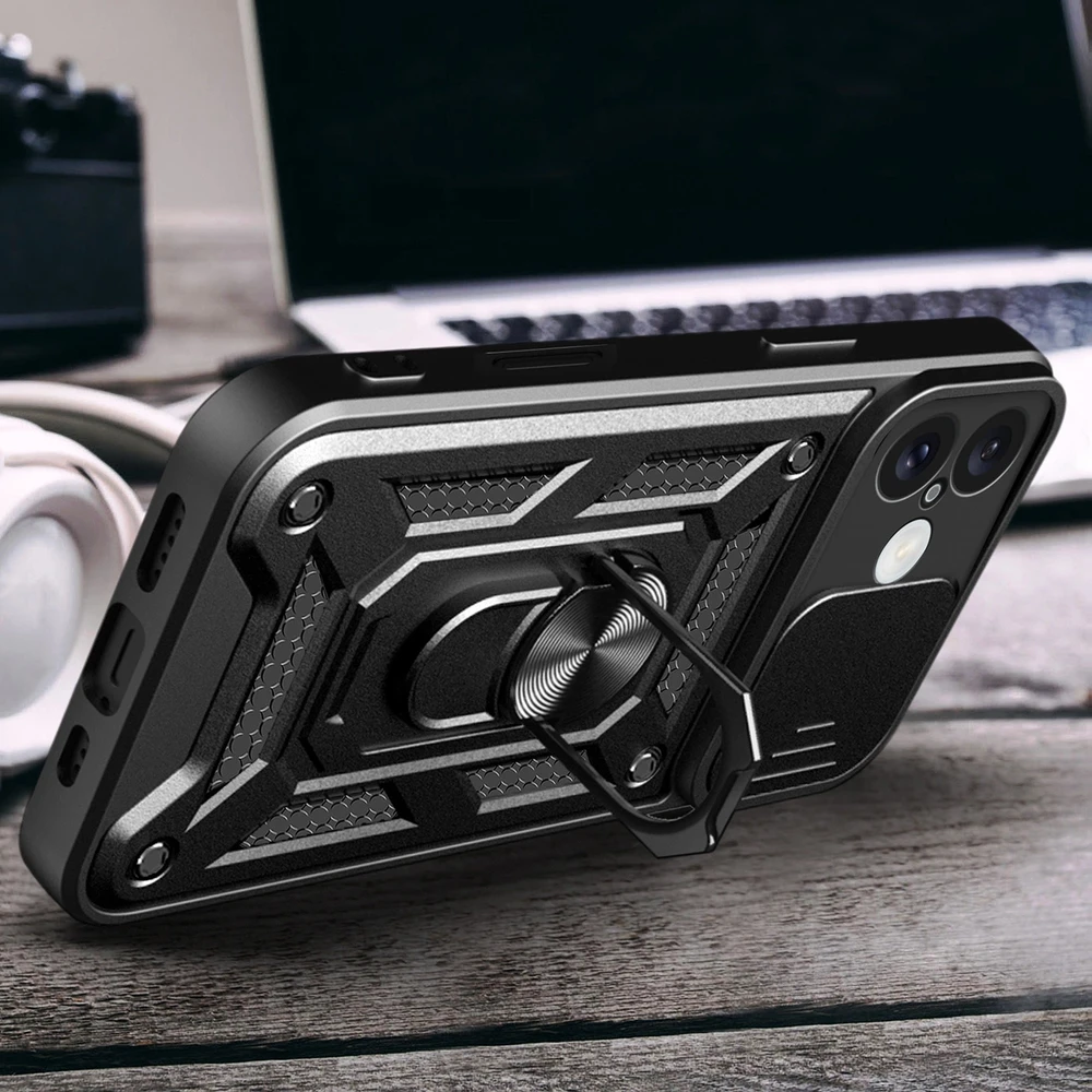 Hurtel Hybrid Armor Camshield Apple iPhone 16 Armored Camera Cover and Stand – dėklas telefonui juodos spalvos