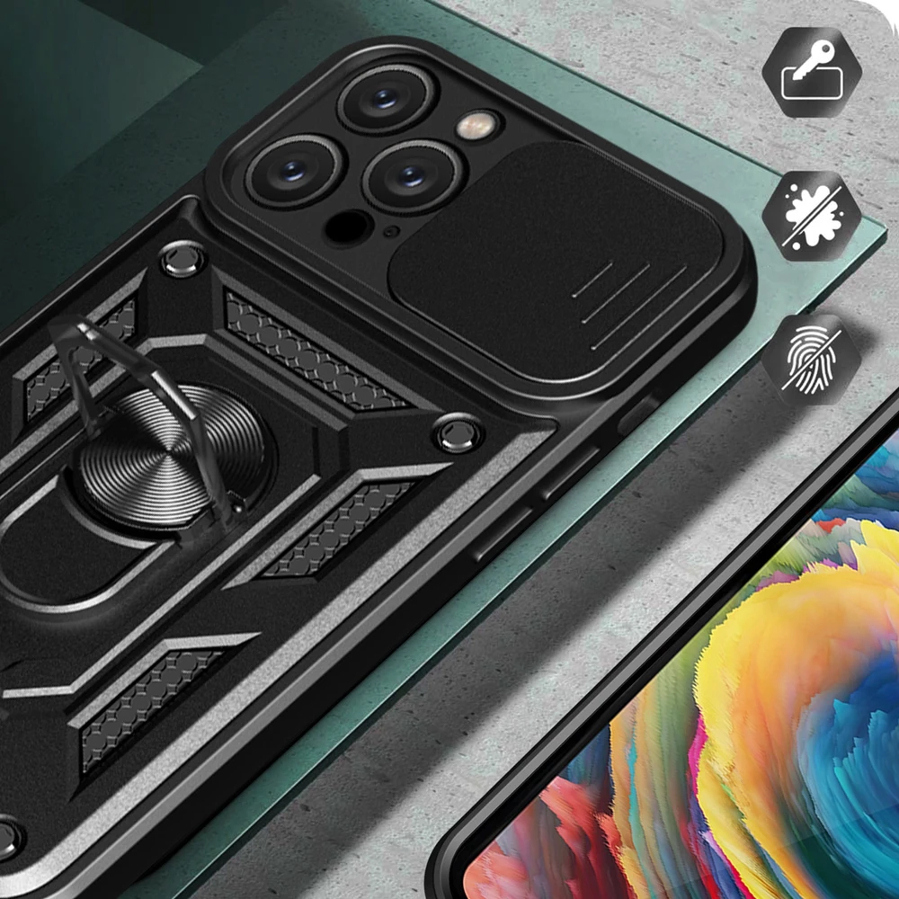 Hurtel Hybrid Armor Camshield Apple iPhone 16 Pro Max Armored Camera Cover and Stand – dėklas telefonui juodos spalvos