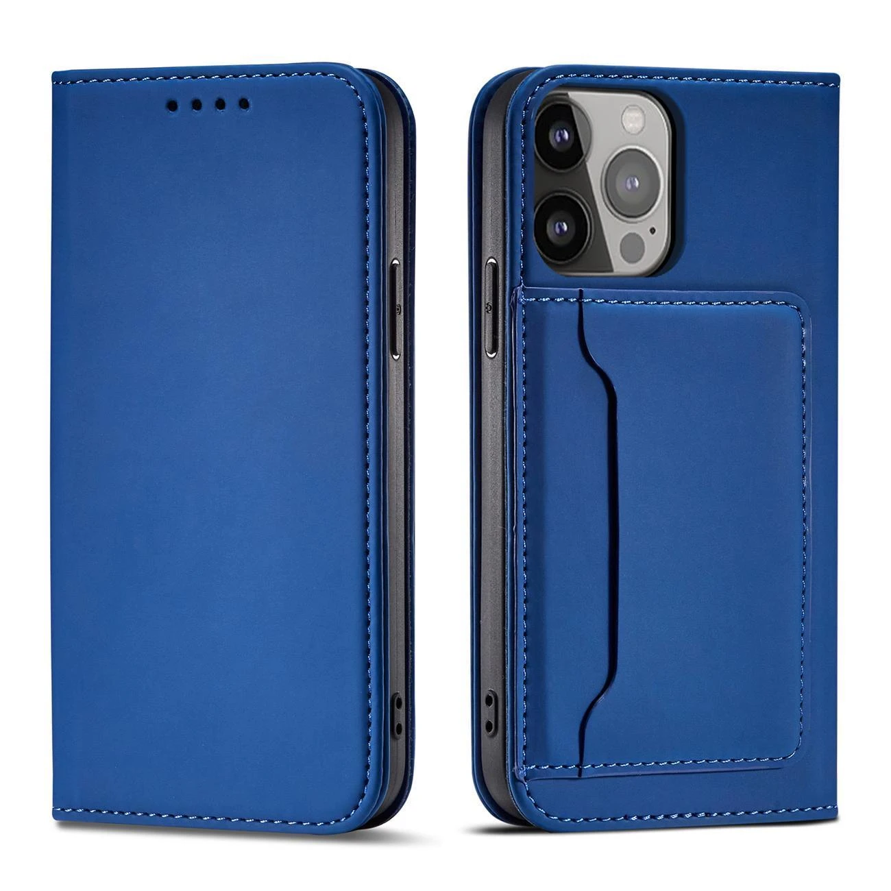 Hurtel Magnet Card Apple iPhone 14 Pro Max atverčiamas su stoveliu dėklas telefonui mėlynos spalvos