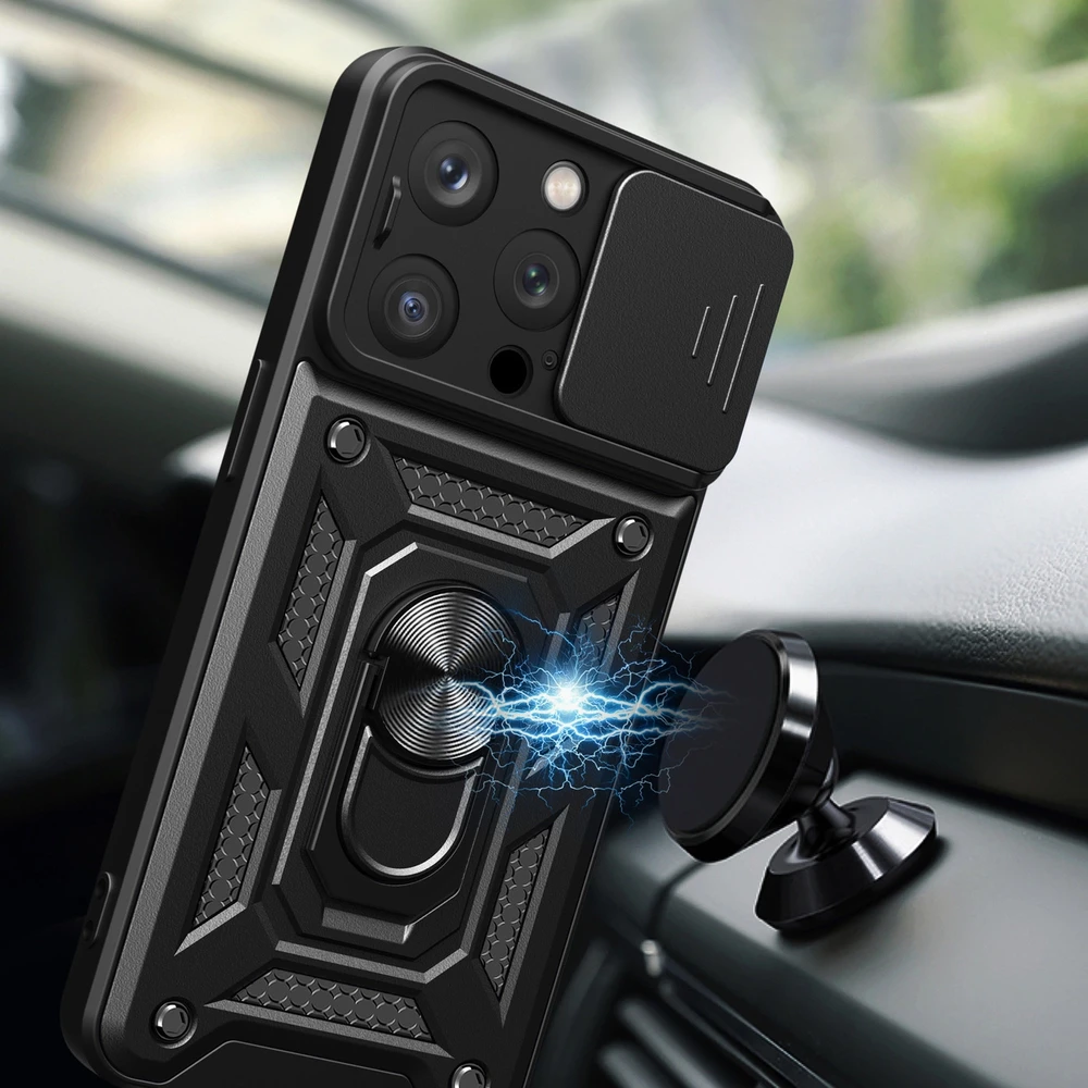 Hurtel iPhone 15 Pro Max Hybrid Armor Camshield Kicksu stoveliu ir Camera - dėklas telefonui rožinės spalvos