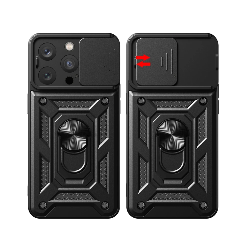 Hurtel iPhone 15 Pro Max Hybrid Armor Camshield Kicksu stoveliu ir Camera - dėklas telefonui rožinės spalvos