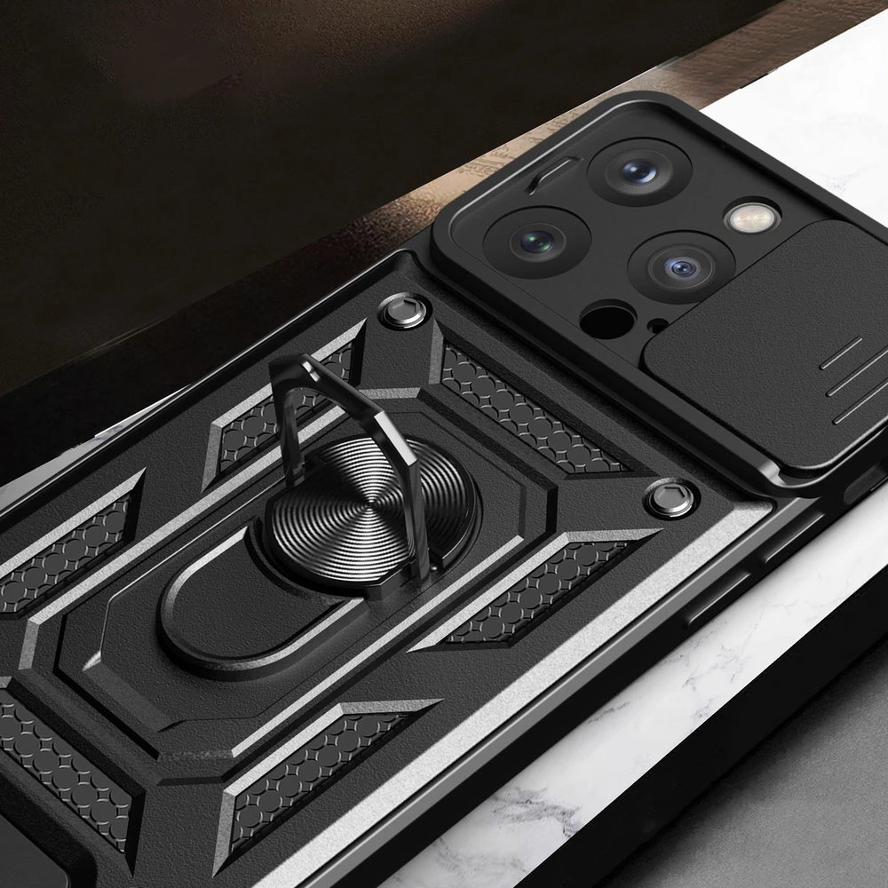 Hurtel iPhone 15 Pro Max Hybrid Armor Camshield Kicksu stoveliu ir Camera - dėklas telefonui rožinės spalvos