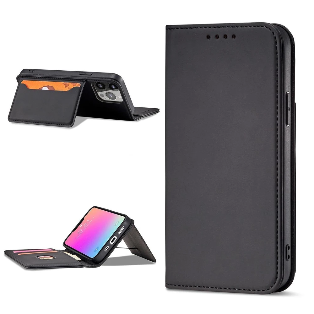 Hurtel Magnet Card dėklas case Apple iPhone 14 Pro Max flip cover wallet stand dėklas telefonui juodos spalvos