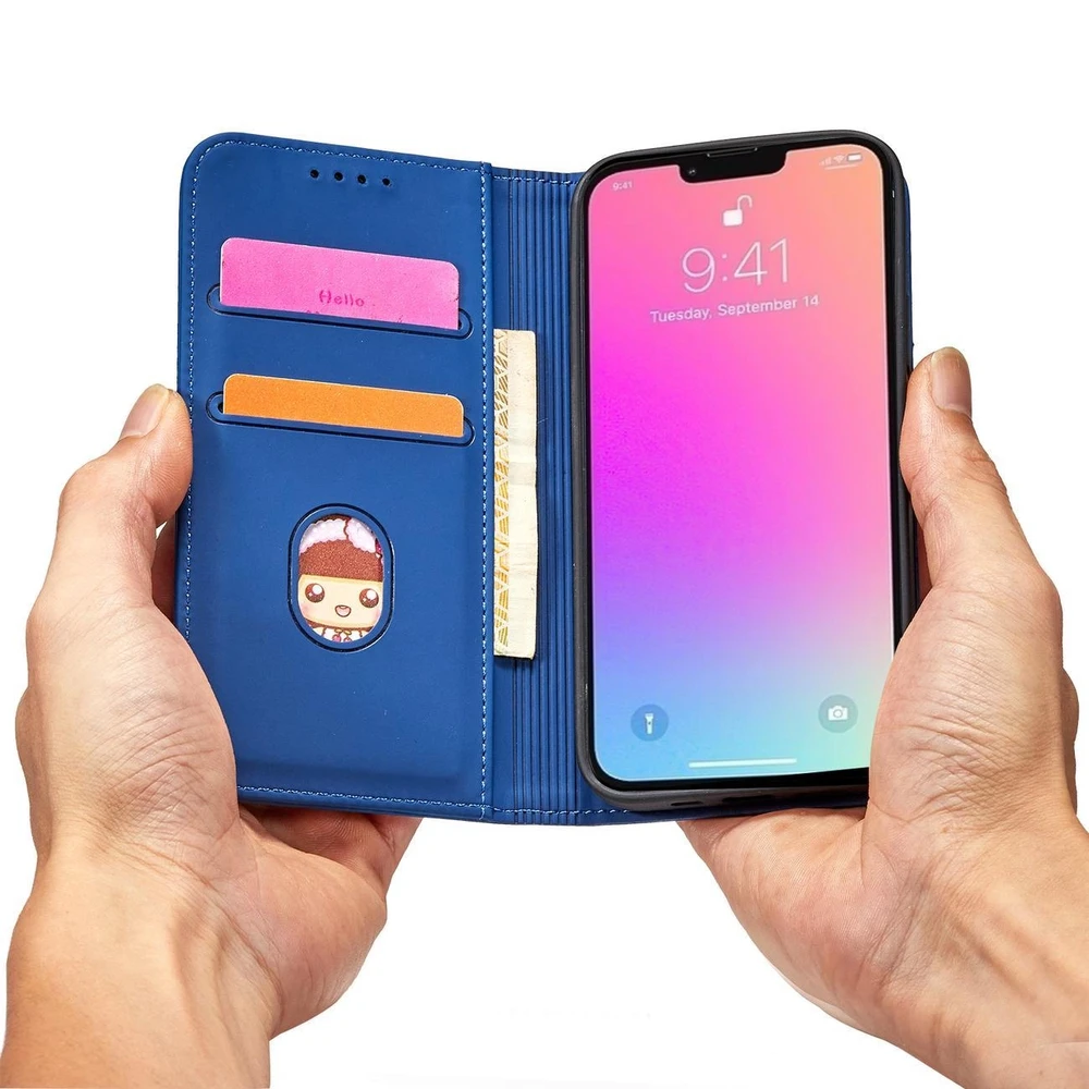 Hurtel Magnet Card Apple iPhone 14 Pro Max atverčiamas su stoveliu dėklas telefonui mėlynos spalvos