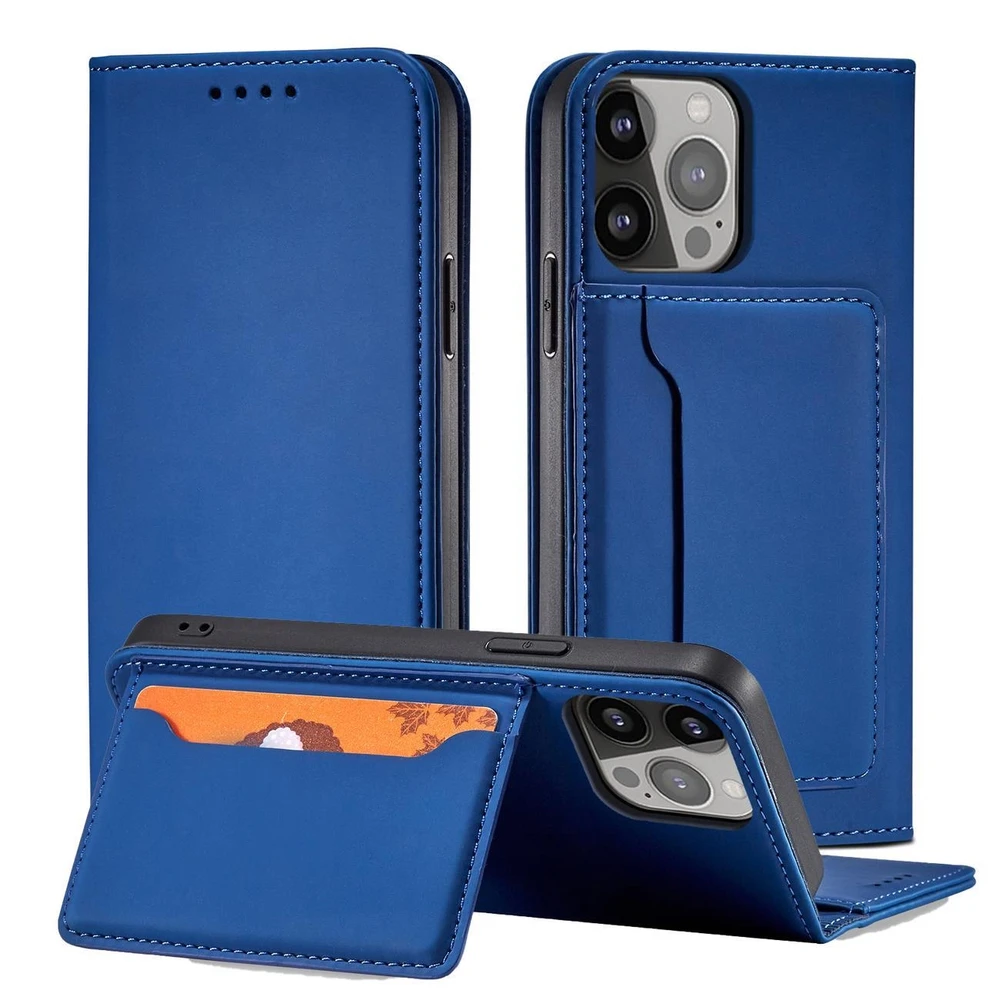 Hurtel Magnet Card Apple iPhone 14 Pro Max atverčiamas su stoveliu dėklas telefonui mėlynos spalvos