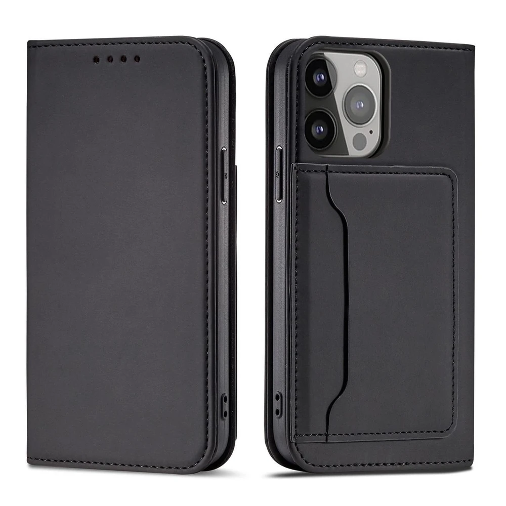 Hurtel Magnet Card dėklas case Apple iPhone 14 Pro Max flip cover wallet stand dėklas telefonui juodos spalvos