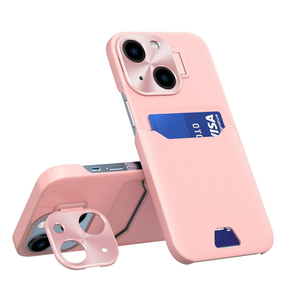 Hurtel Leather Apple iPhone 14 card wallet su stoveliu dėklas telefonui rožinės spalvos