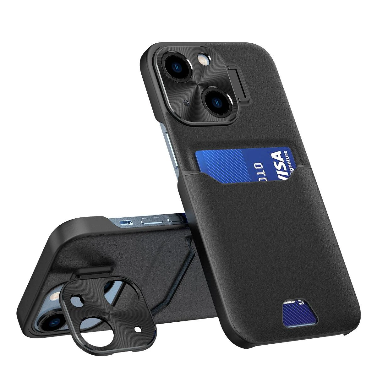 Hurtel Leather Apple iPhone 14 card wallet su stoveliu dėklas telefonui juodos spalvos