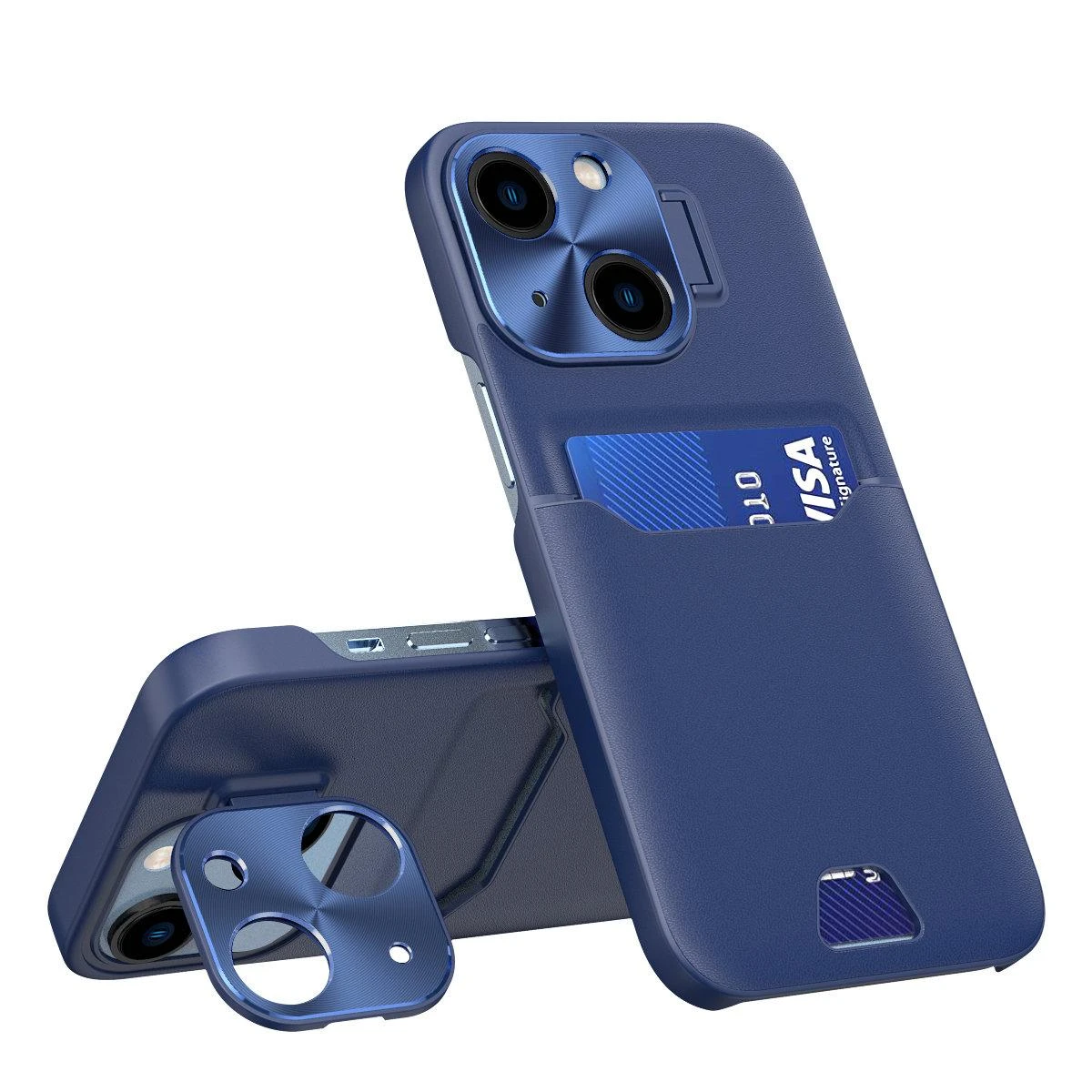 Hurtel Leather Apple iPhone 14 card wallet su stoveliu dėklas telefonui mėlynos spalvos