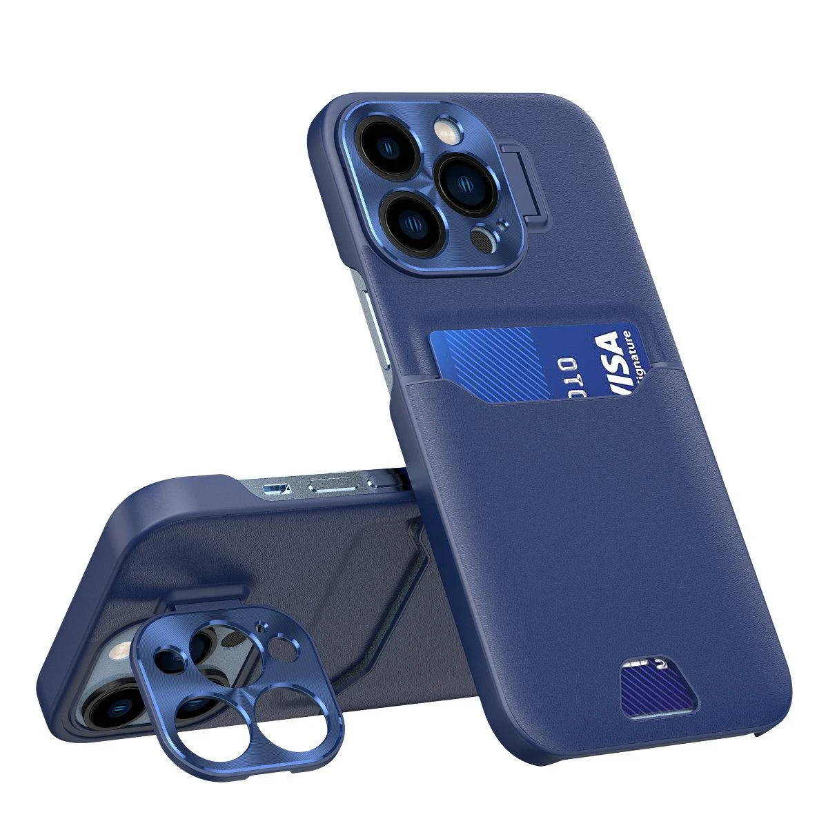 Hurtel Leather Apple iPhone 14 Pro card wallet su stoveliu dėklas telefonui mėlynos spalvos