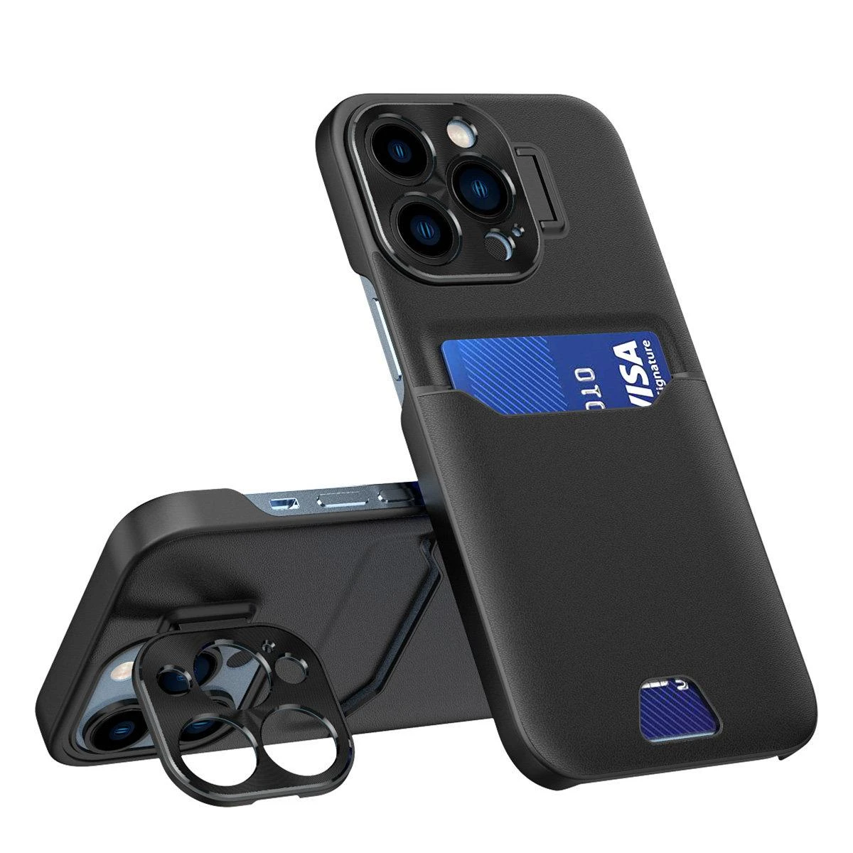 Hurtel Leather Apple iPhone 14 Pro card wallet su stoveliu dėklas telefonui juodos spalvos
