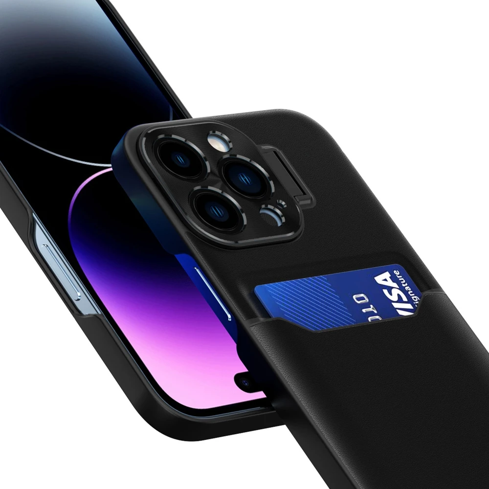 Hurtel Leather Apple iPhone 14 Pro Max card wallet su stoveliu dėklas telefonui juodos spalvos