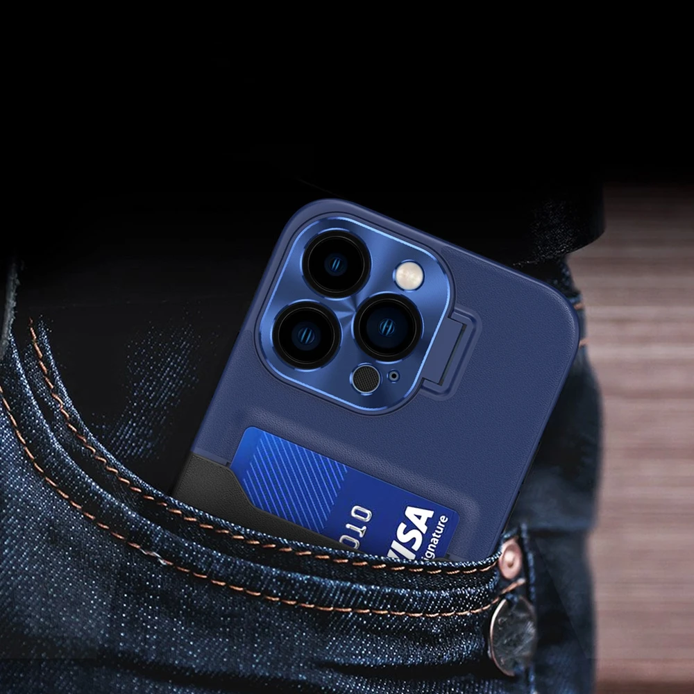 Hurtel Leather Apple iPhone 14 Pro card wallet su stoveliu dėklas telefonui mėlynos spalvos