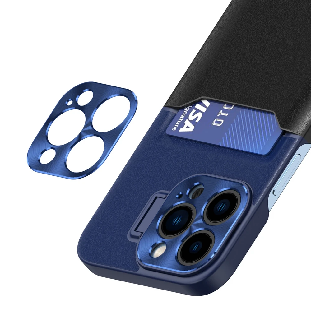 Hurtel Leather Apple iPhone 14 Pro card wallet su stoveliu dėklas telefonui mėlynos spalvos