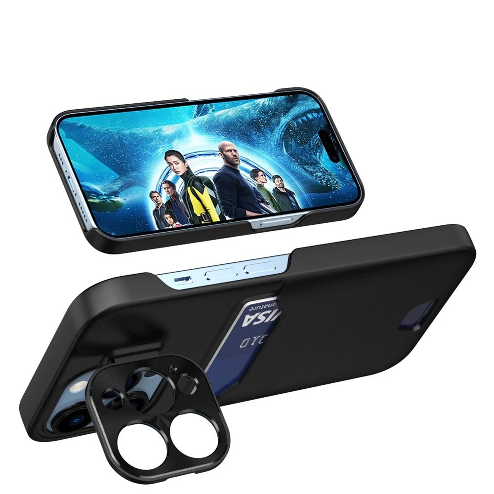 Hurtel Leather Apple iPhone 14 Pro card wallet su stoveliu dėklas telefonui juodos spalvos