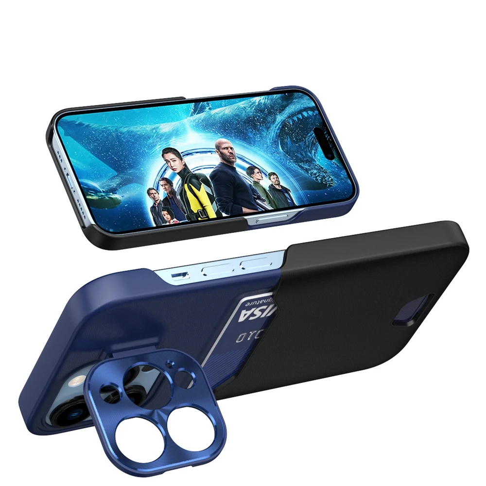 Hurtel Leather Apple iPhone 14 Pro Max card wallet su stoveliu dėklas telefonui mėlynos spalvos