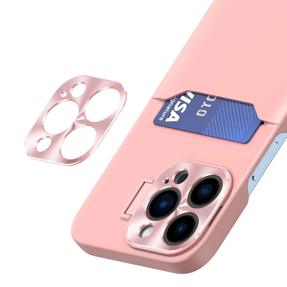 Hurtel Leather Apple iPhone 14 card wallet su stoveliu dėklas telefonui rožinės spalvos