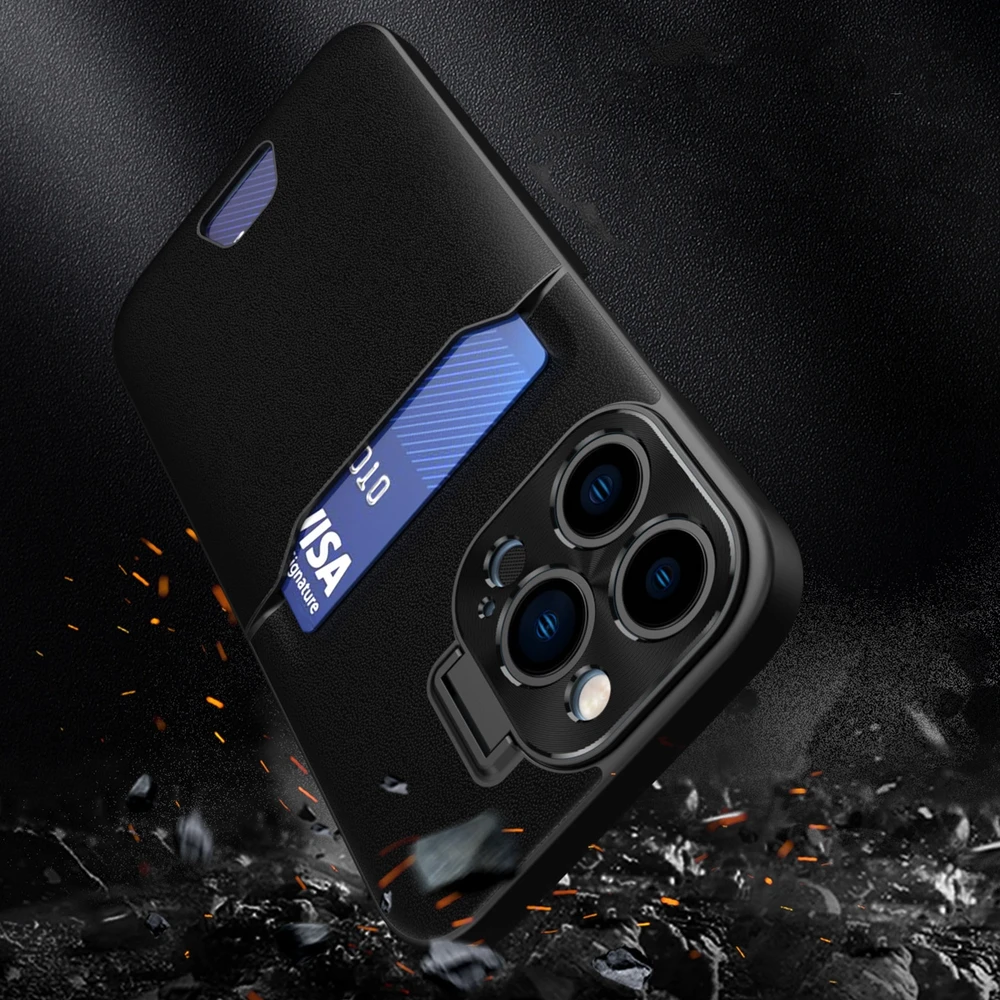 Hurtel Leather Apple iPhone 14 card wallet su stoveliu dėklas telefonui juodos spalvos