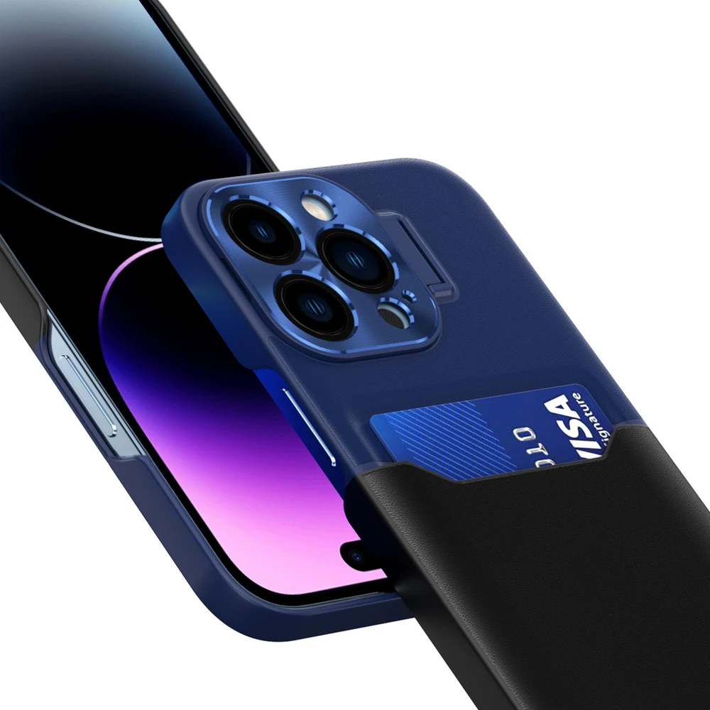 Hurtel Leather Apple iPhone 14 card wallet su stoveliu dėklas telefonui mėlynos spalvos
