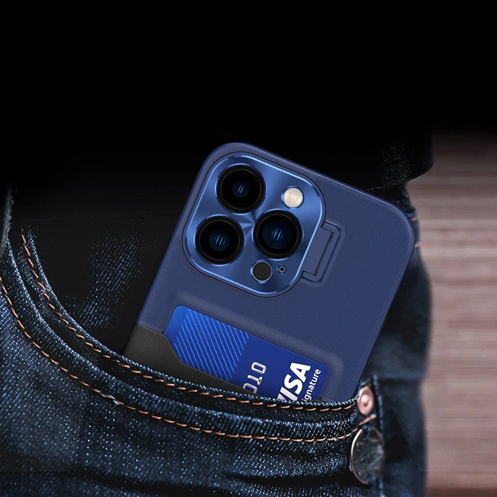 „Hurtel“ odinis stovas „Samsung Galaxy S23 Ultra“ dėklas, kortelės piniginė su stovu, mėlynos spalvos