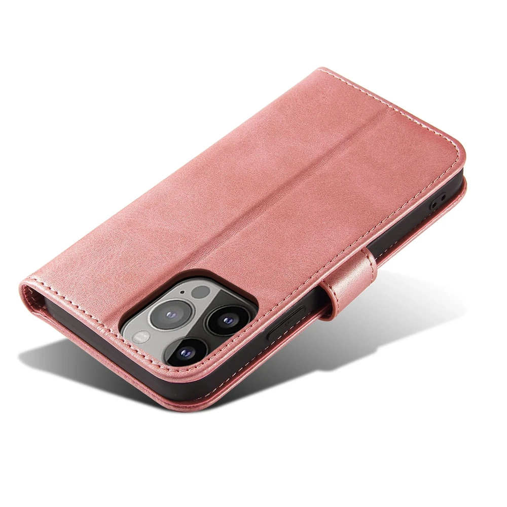 Hurtel Wallet su stoveliu Apple iPhone 15 Pro Magnet – dėklas telefonui rožinės spalvos