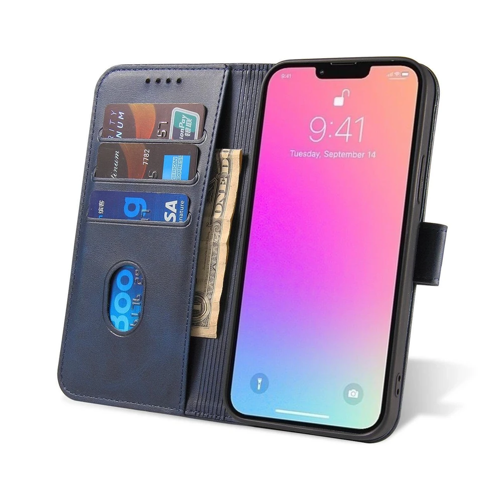 Hurtel Wallet su stoveliu Apple iPhone 15 Magnet - dėklas telefonui mėlynos spalvos