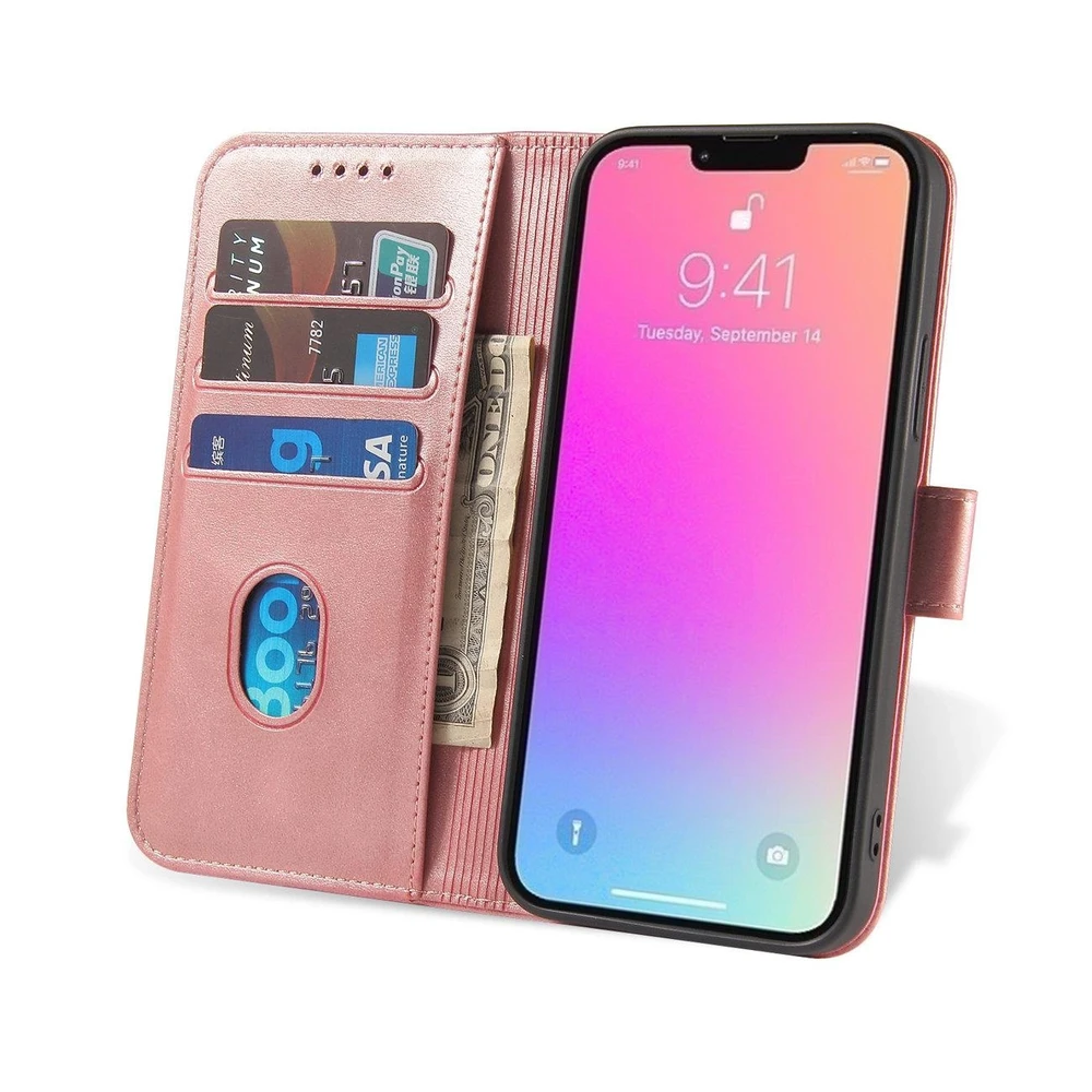 Hurtel Wallet su stoveliu Apple iPhone 15 Magnet - dėklas telefonui rožinės spalvos