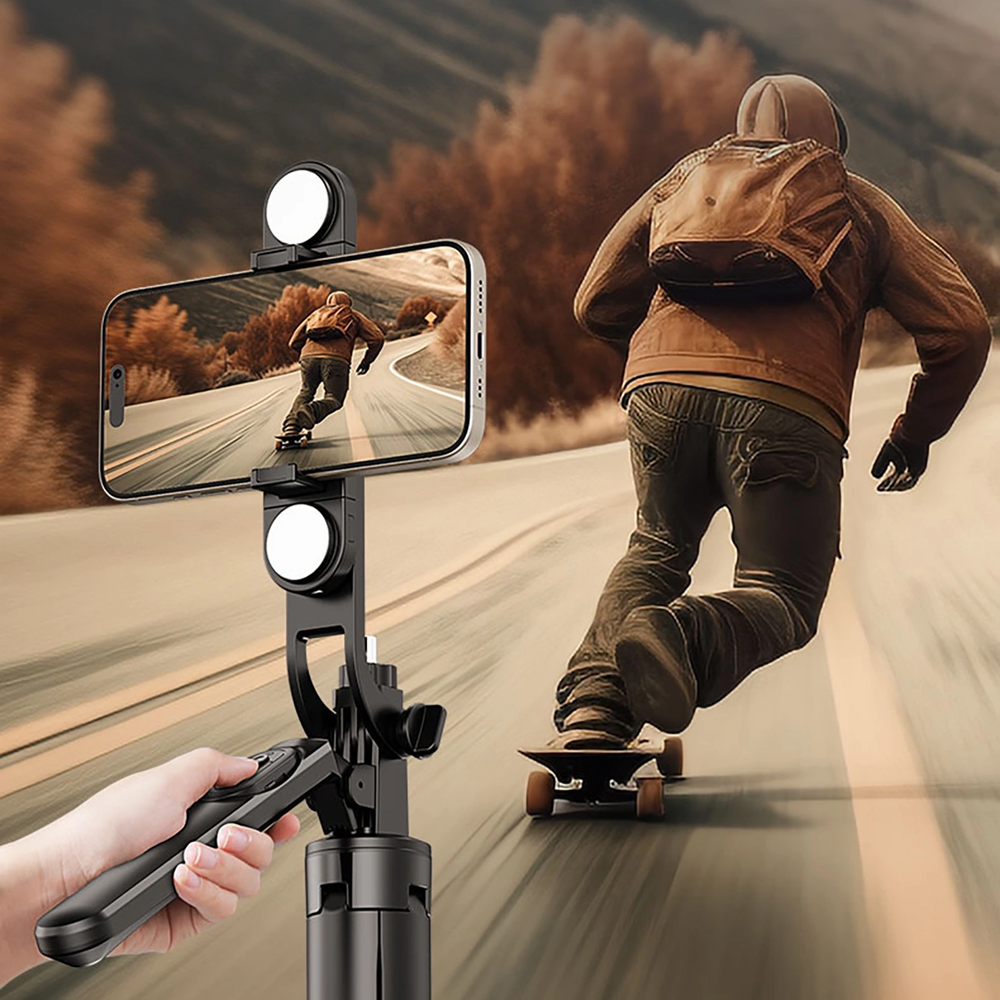 Wozinsky Asmenukių lazda WH181D-Y1S 1.75m aluminum alloy telescopic tripod with dual lamp and phone holder – juodos spalvos