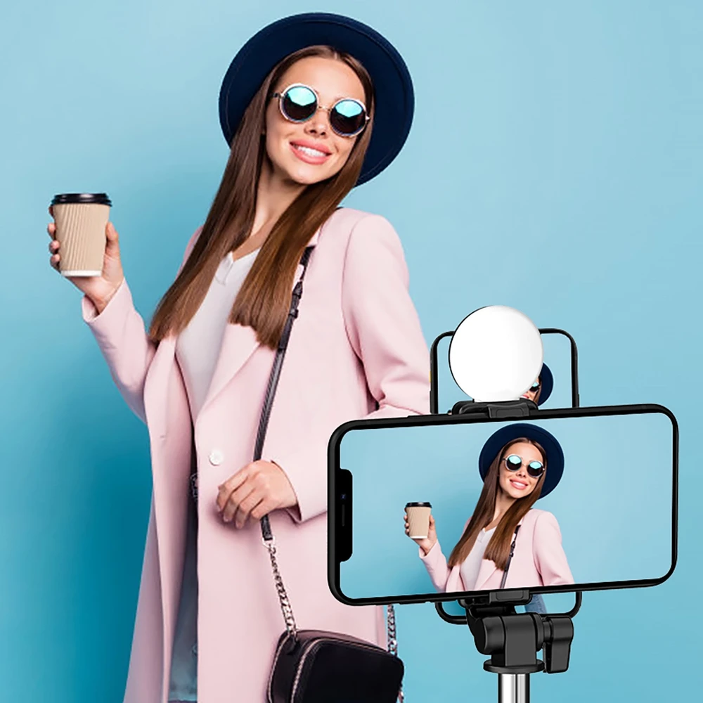 Hurtel Selfie stick WR1YXS telescopic tripod 0.71m with round lamp – juodos spalvos