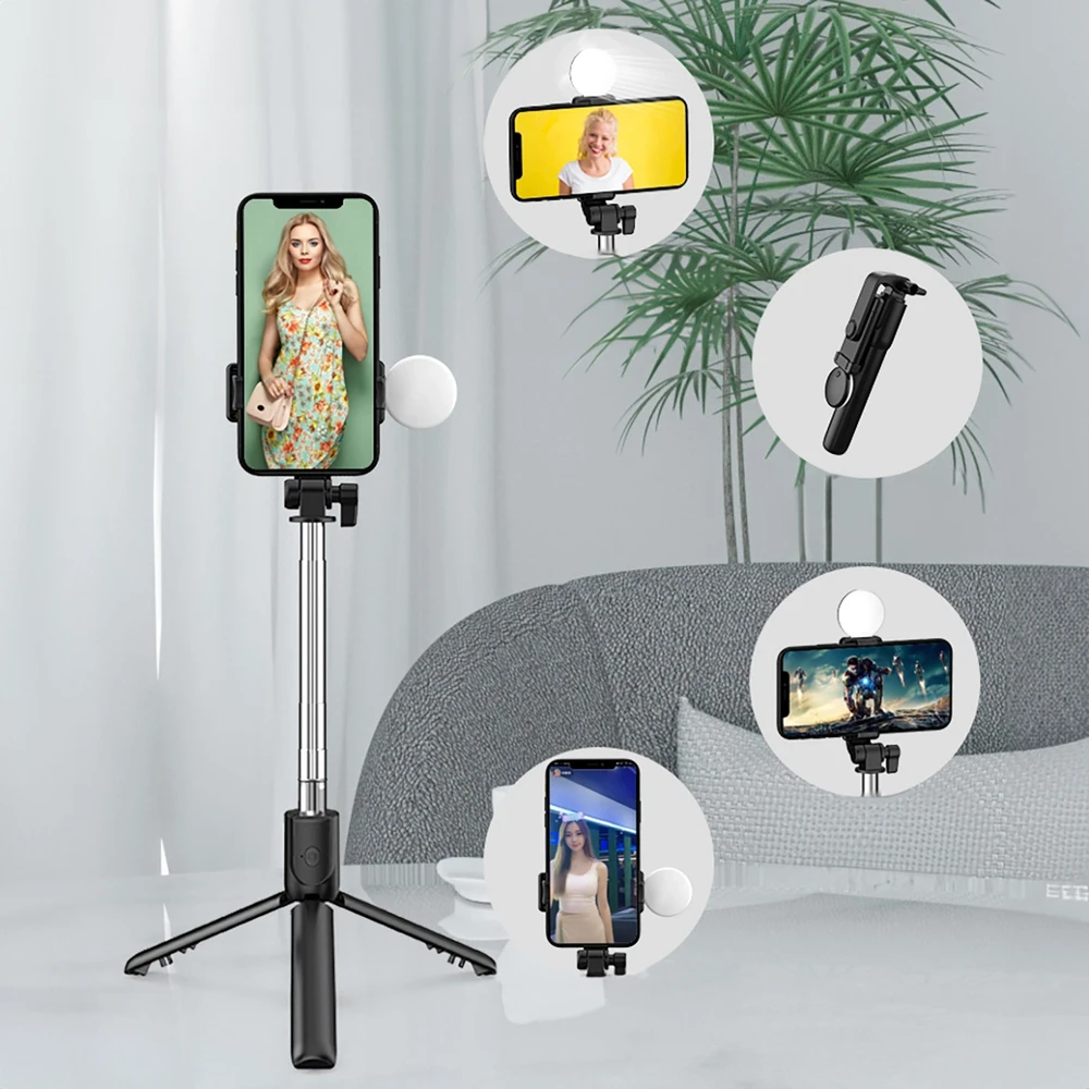 Hurtel Selfie stick WR1YXS telescopic tripod 0.71m with round lamp – juodos spalvos