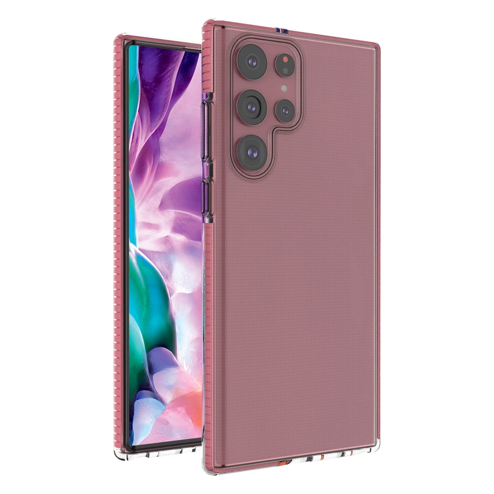 Hurtel Spring dėklas su spalvotu rėmeliu skirtas Samsung Galaxy S22 Ultra, šviesiai rožinis