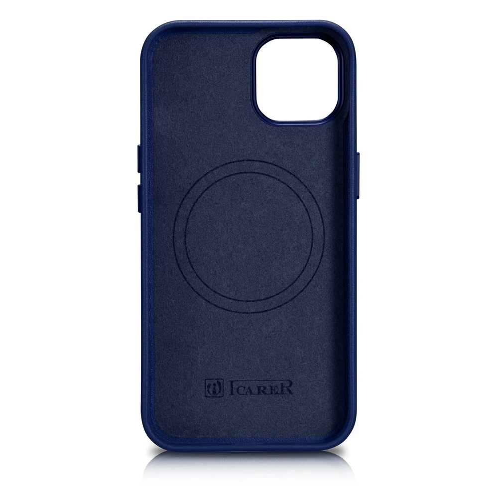 iCarer Leather Apple iPhone 14 Plus genuine leather dėklas telefonui mėlynos spalvos (compatible with MagSafe)
