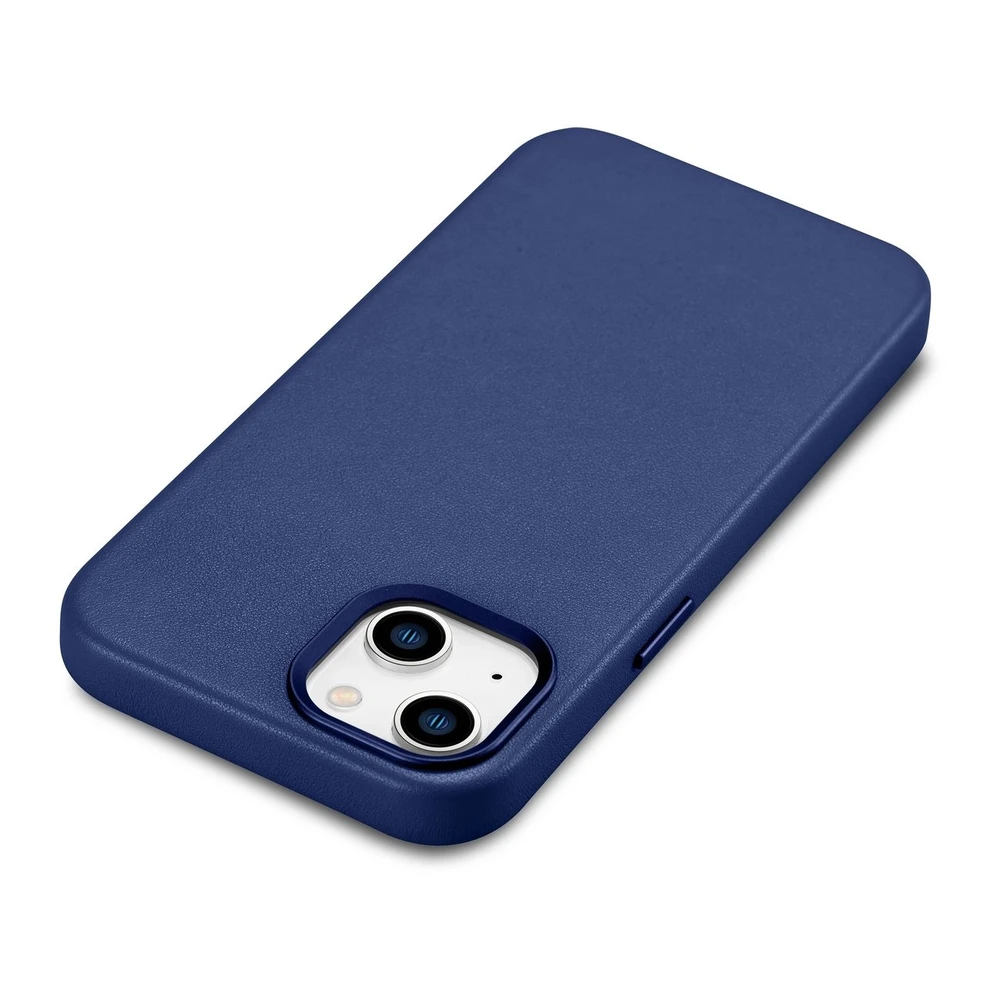 iCarer Leather Apple iPhone 14 Plus genuine leather dėklas telefonui mėlynos spalvos (compatible with MagSafe)