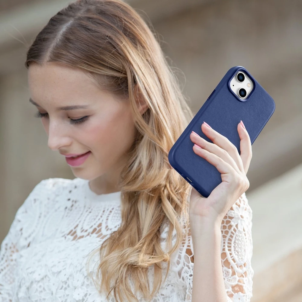 iCarer Leather Apple iPhone 14 Plus genuine leather dėklas telefonui mėlynos spalvos (compatible with MagSafe)