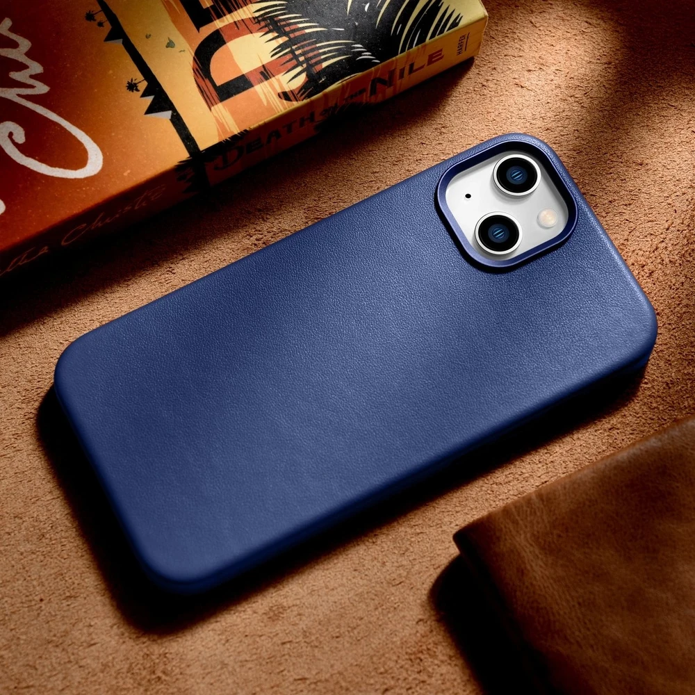 iCarer Leather Apple iPhone 14 Plus genuine leather dėklas telefonui mėlynos spalvos (compatible with MagSafe)