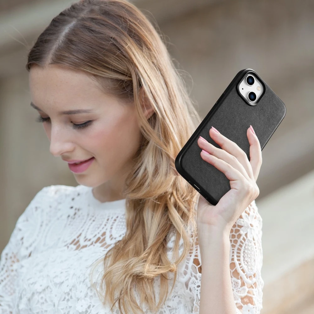 iCarer Leather Apple iPhone 14 Plus genuine leather dėklas telefonui juodos spalvos (compatible with MagSafe)