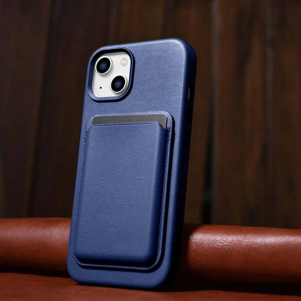 iCarer Leather Apple iPhone 14 Plus genuine leather dėklas telefonui mėlynos spalvos (compatible with MagSafe)