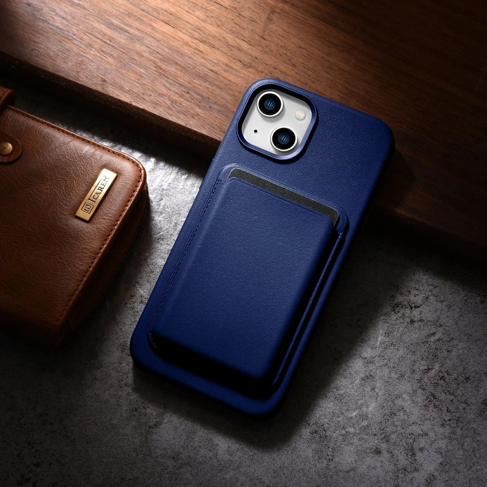 iCarer Leather Apple iPhone 14 Plus genuine leather dėklas telefonui mėlynos spalvos (compatible with MagSafe)