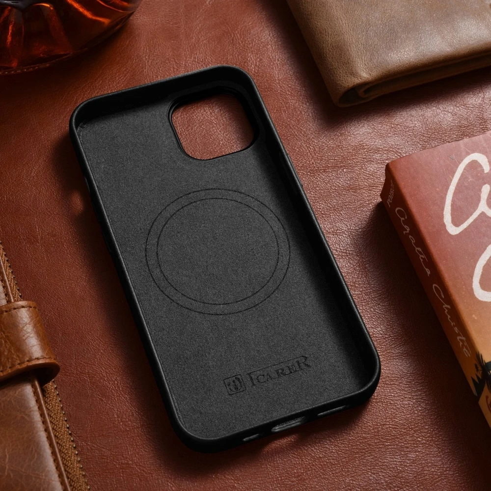 iCarer Leather Apple iPhone 14 Plus genuine leather dėklas telefonui juodos spalvos (compatible with MagSafe)