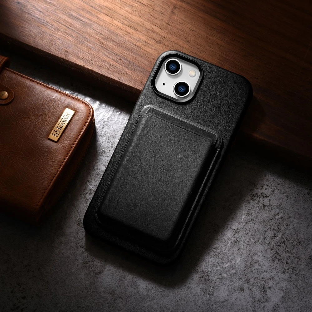 iCarer Leather Apple iPhone 14 Plus genuine leather dėklas telefonui juodos spalvos (compatible with MagSafe)