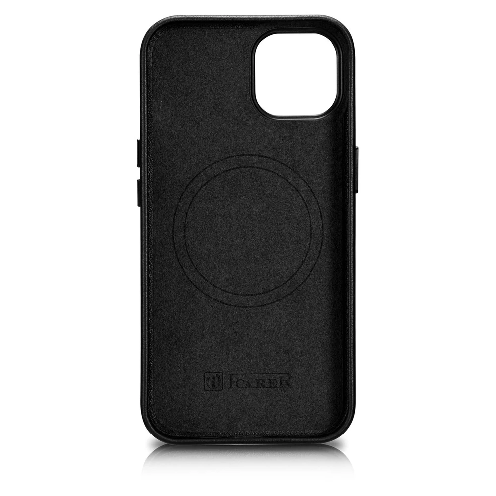 iCarer Leather Apple iPhone 14 Plus genuine leather dėklas telefonui juodos spalvos (compatible with MagSafe)