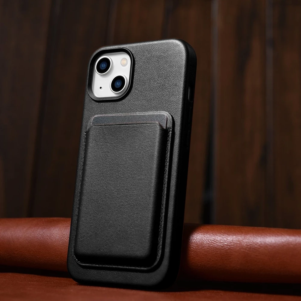 iCarer Leather Apple iPhone 14 Plus genuine leather dėklas telefonui juodos spalvos (compatible with MagSafe)